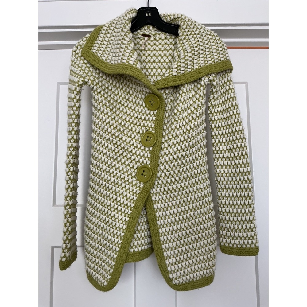 Women's Free People chunky buttoned knit sweater, green & white, Sz XS